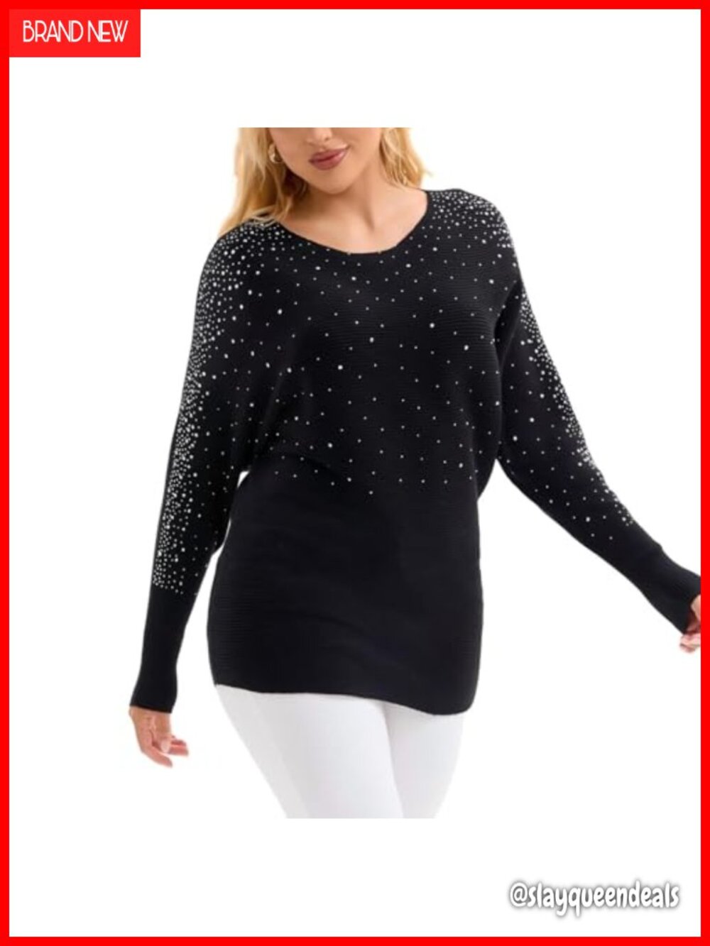 Rhinestone Batwing Sleeve Ribbed Knit Tunic Sweater Loose Fit Pullover